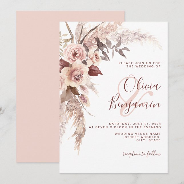 Invitación Earthy Terracotta Floral Champagne Boho Boda (Anverso / Reverso)