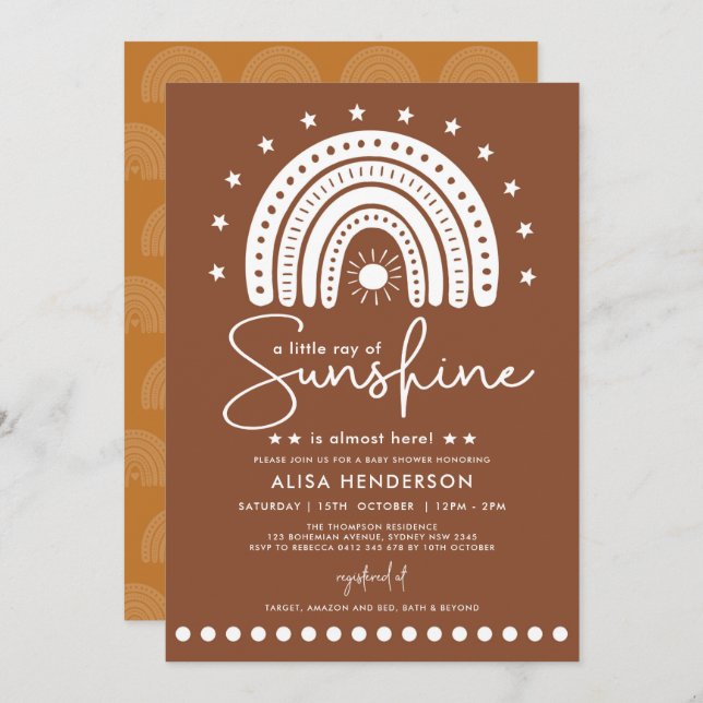 Invitación Earthy Terracotta Rainbow & Sunshine Baby Shower (Anverso / Reverso)