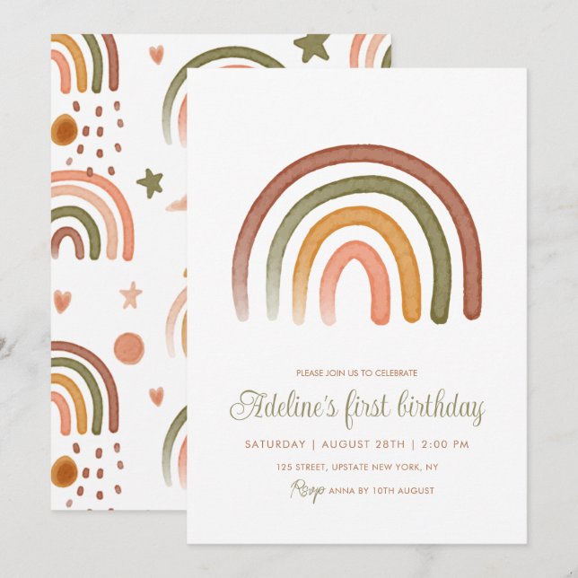 Invitación Earthy Tone Watercolor Rainbow Boho Cumpleaños (Anverso / Reverso)