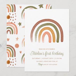 Invitación Earthy Tone Watercolor Rainbow Boho Cumpleaños