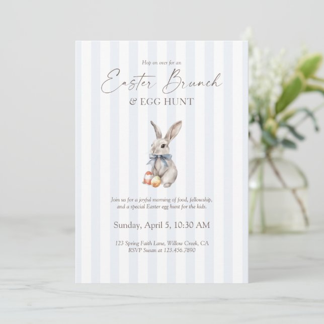 Invitación Easter Brunch and Egg Hunt Blue Stripe Bunny  (Anverso de pie)