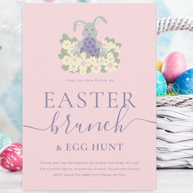 Invitación Easter Brunch and Egg Hunt Cute Bunny Pink (Cute easter bunny egg hunt and brunch spring party pink invitation whimsical elegant modern script)