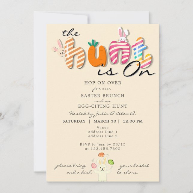 Invitación Easter Brunch Egg Hunt Bunny Colorful Pastel Sandy (Anverso)