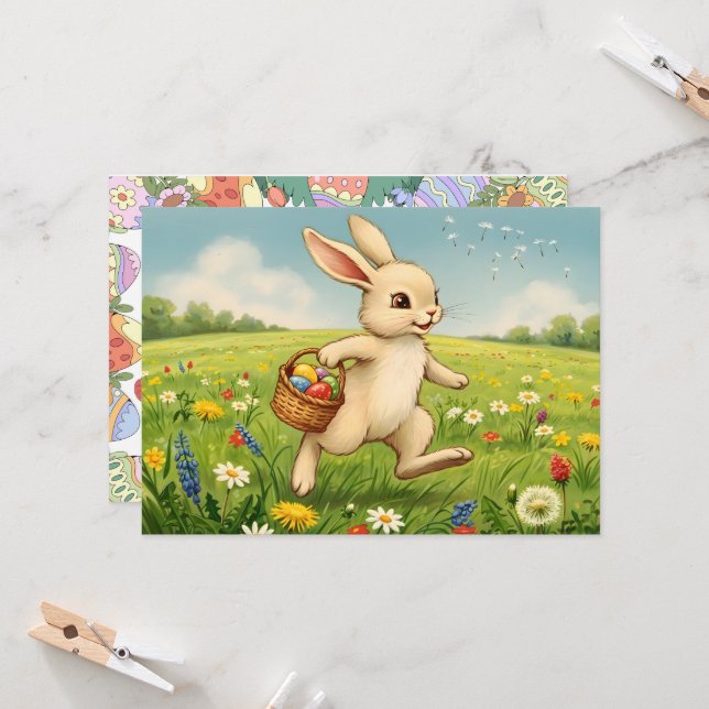Invitación Easter Brunch & Egg Hunt Spring Meadow Bunny (Anverso/Reverso In Situ)
