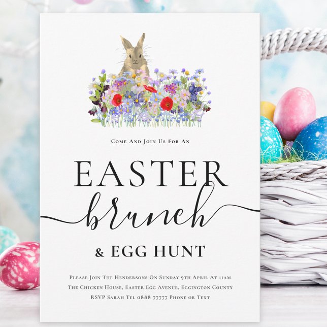 Invitación Easter Bunny and Wildflowers Egg Hunt and Brunch (Easter brunch and egg hunt spring party invitation Cute bunny and watercolor wildflowers )