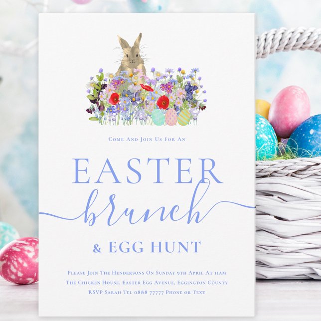 Invitación Easter Bunny and Wildflowers Egg Hunt and Brunch (Easter brunch and egg hunt watercolor cute bunny wildflowers and eggs spring party invitation )