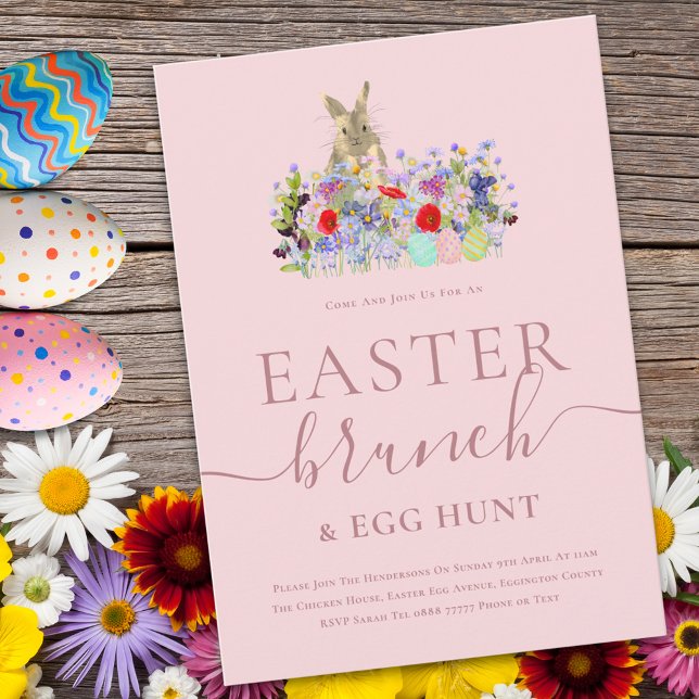 Invitación Easter Bunny and Wildflowers Egg Hunt and Brunch (Easter brunch and egg hunt cute bunny watercolor wildflower spring party pink invitation )