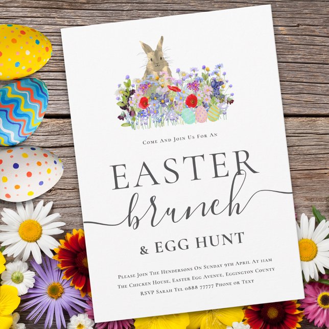 Invitación Easter Bunny and Wildflowers Egg Hunt and Brunch (Easter brunch and egg hunt cute bunny watercolor wildflower meadow spring party invitation )