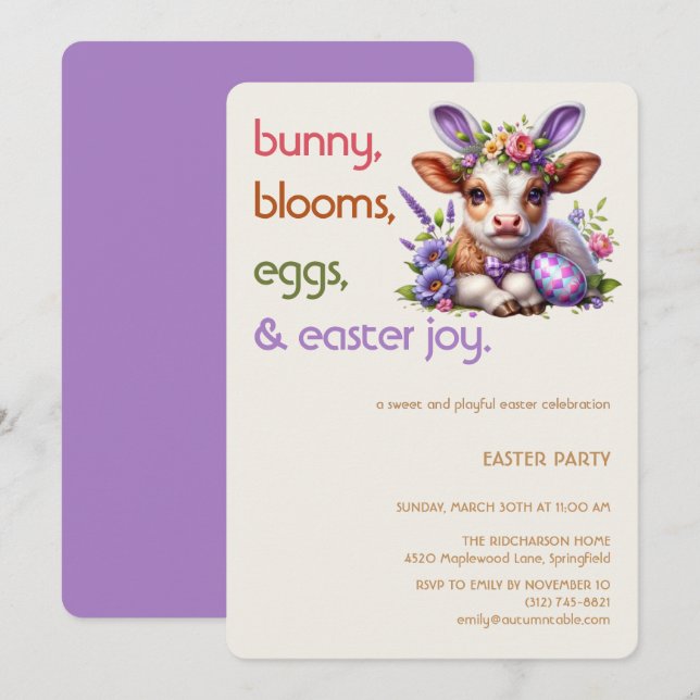 Invitación Easter Bunny Cow Invitation | Kid easter party (Anverso / Reverso)