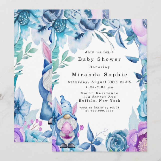 Invitación Easter Bunny Gnome Baby Shower Purple Blue Peony (Anverso / Reverso)