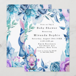 Invitación Easter Bunny Gnome Baby Shower Purple Blue Peony