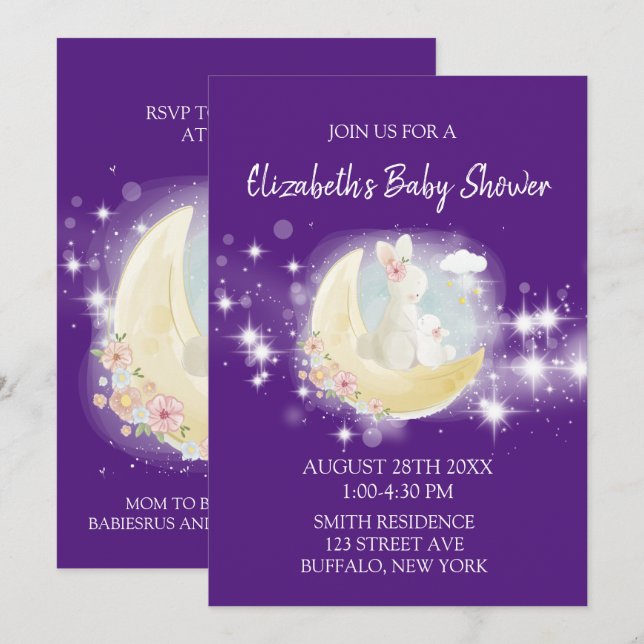 Invitación Easter Bunny Moon Stars Purple Chica Baby Shower (Anverso / Reverso)