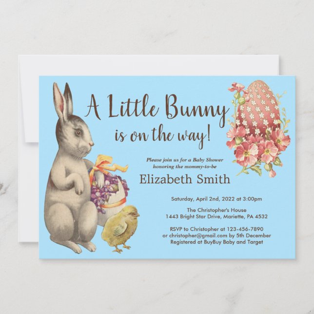 Invitación Easter Bunny Rabbit & Chicken Blue Baby Shower (Anverso)