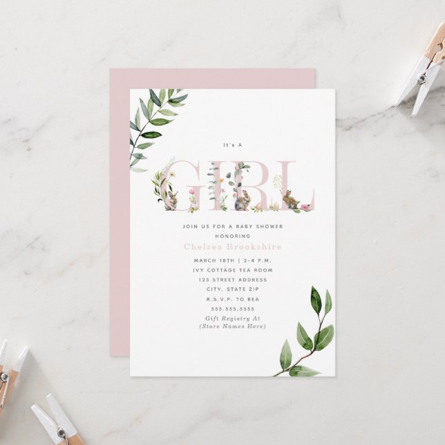 Invitación Easter Bunny Rabbit Eggs Chica Floral Baby Shower (Anverso/Reverso In Situ)