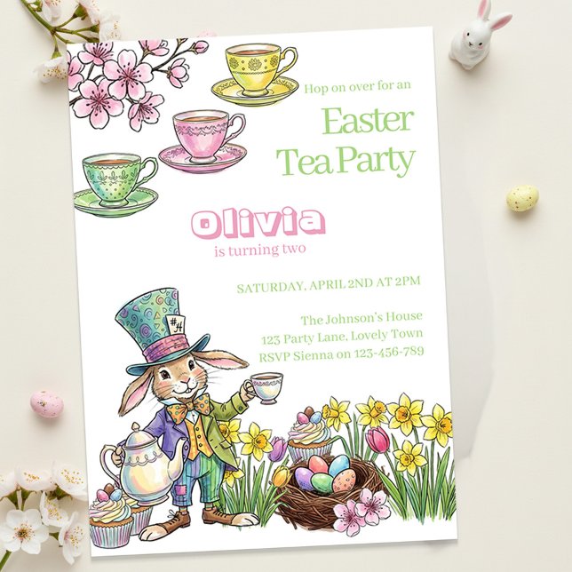 Invitación Easter Bunny Tea Party Any Age Kids Birthday  (Kids Easter Garden Tea Party and Egg Hunt Invitation)