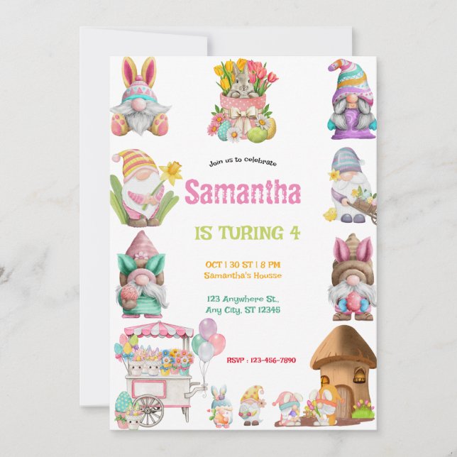 Invitación Easter Egg Gnomes Birthday girls  (Anverso)
