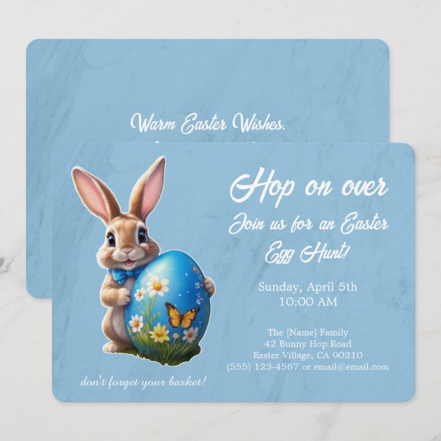 Invitación Easter Egg Hunt Brunch Hop on Over Bunny blue - (Anverso / Reverso)