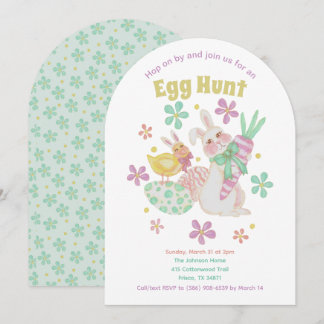 Invitación Easter Egg Hunt Chick Bunny Flowers Cute Spring 