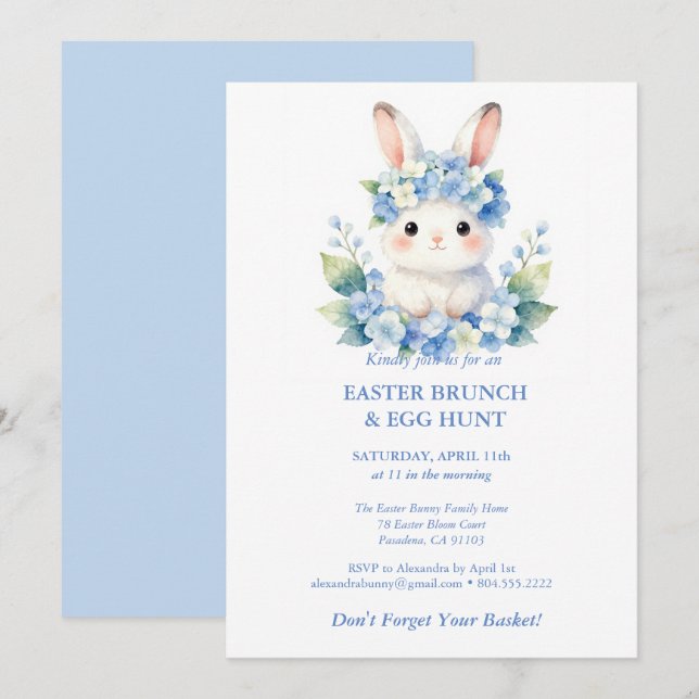 Invitación Easter Egg Hunt Cute Bunny Watercolor Hydrangea (Anverso / Reverso)