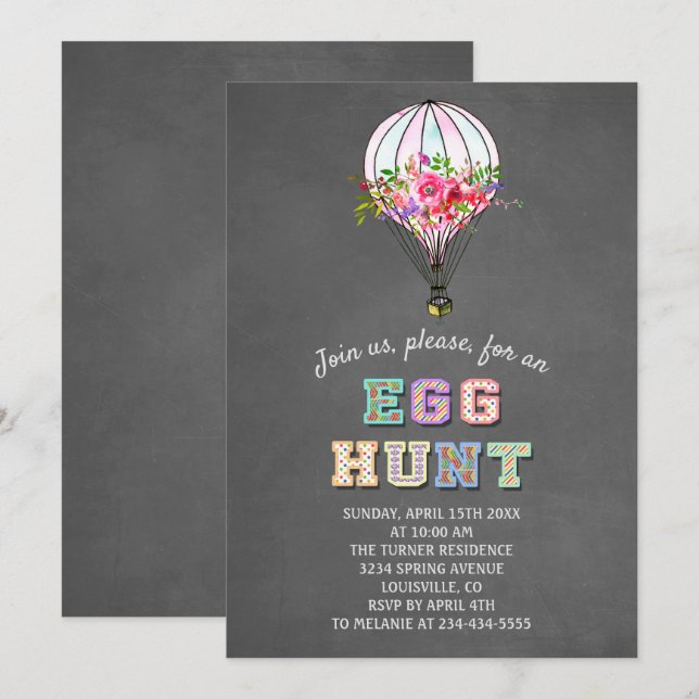 Invitación Easter EGG HUNT Floral Hot Air Balloon (Anverso / Reverso)