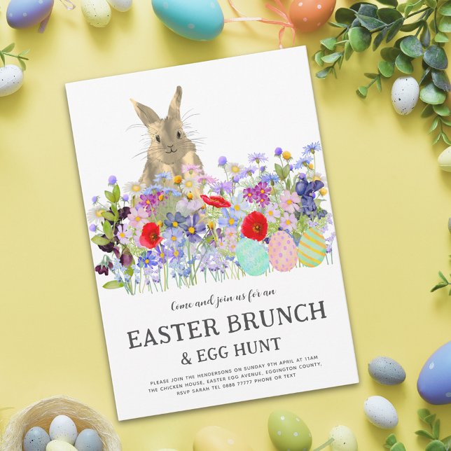 Invitación Easter Egg Hunt Spring Brunch Cute Bunny Floral (Easter egg hunt spring brunch watercolor wildflower meadow cute bunny and eggs invitation)