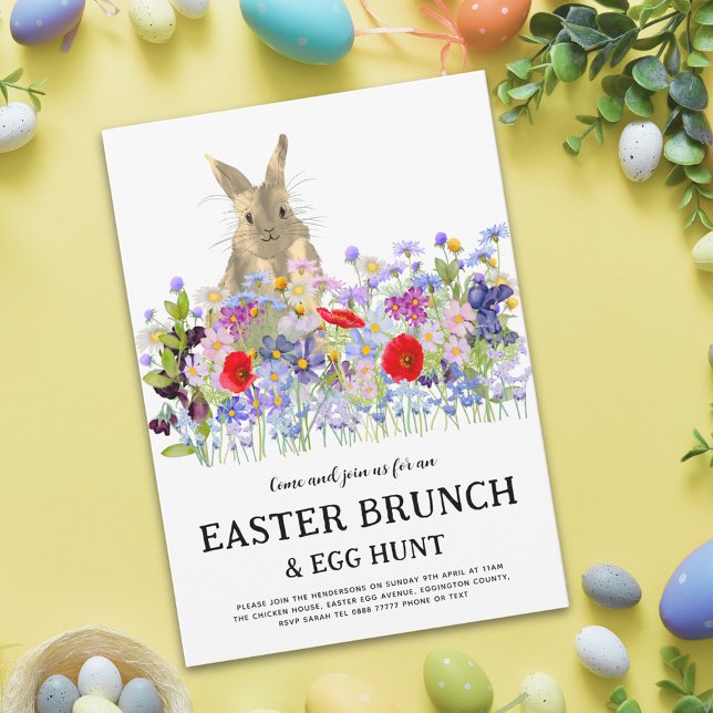 Invitación Easter Egg Hunt Spring Brunch Cute Bunny Floral (Modern easter egg hunt spring brunch cute bunny wildflower floral invitation Colorful vibrant )