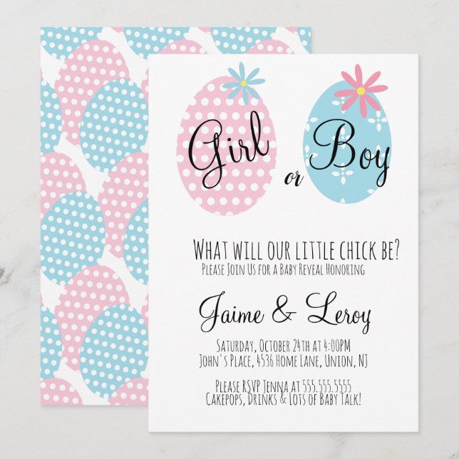 Invitación Easter Eggs Gender Reveal Girl or Boy (Anverso / Reverso)