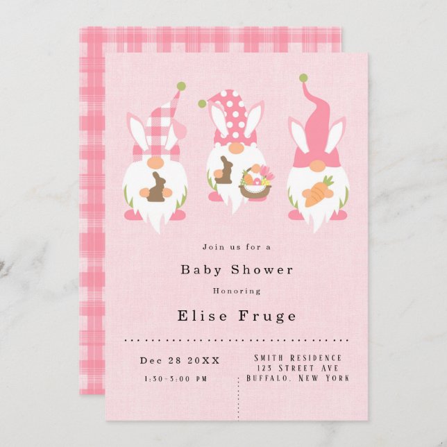 Invitación Easter Gnomes Chica Rosado Baby Shower (Anverso / Reverso)