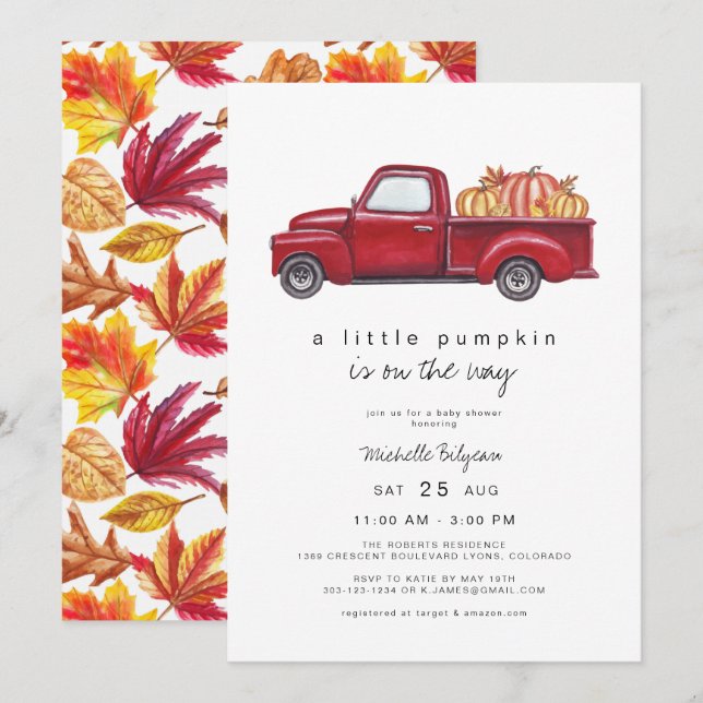Invitación Easton - Red Truck Fall Pumpkin Baby Shower (Anverso / Reverso)