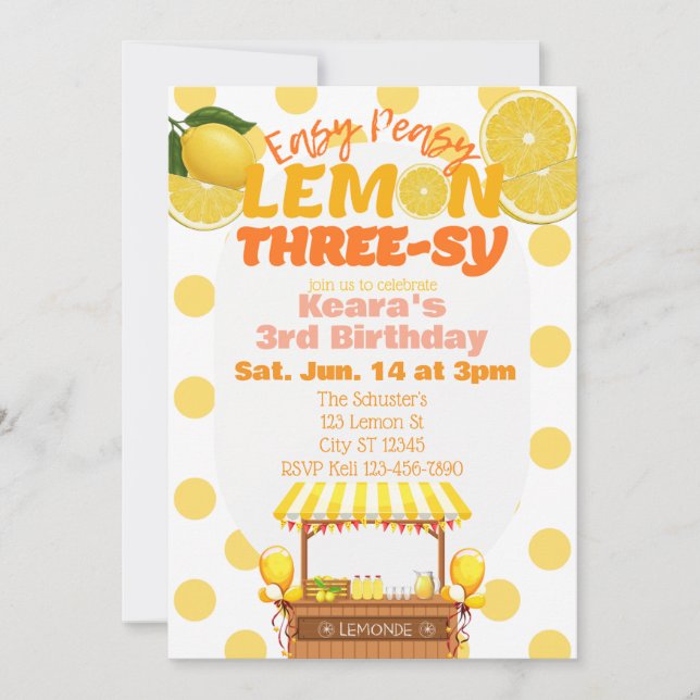 Invitación Easy Peasy Lemon Three-sy, Lemon 3rd Birthday (Anverso)