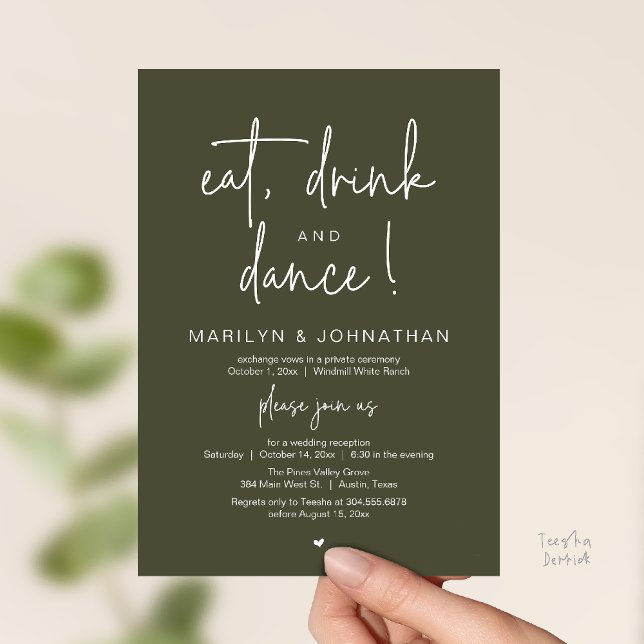Invitación Eat, Drink and Dance, Modern Wedding Reception (Eat, Drink and Dance, Modern Wedding Reception Dinner Party Invitation Card in olive green)