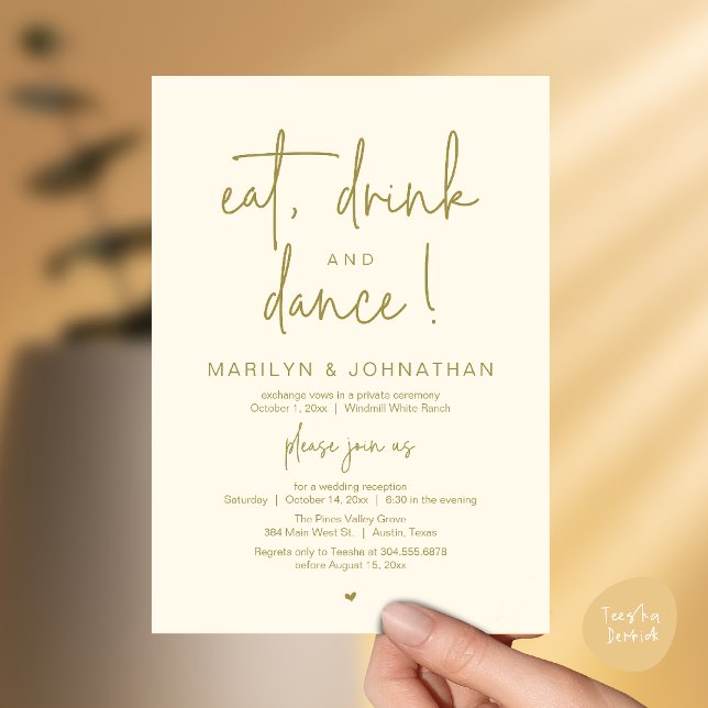 Invitación Eat, Drink and Dance, Modern Wedding Reception (Eat, Drink and Dance, Modern Wedding Reception Dinner Party Invitation Card in yellow gold)