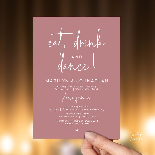 Invitación Eat, Drink and Dance, Modern Wedding Reception (Eat, Drink and Dance, Modern Wedding Reception Dinner Party Invitation Card in dusty rose pink)