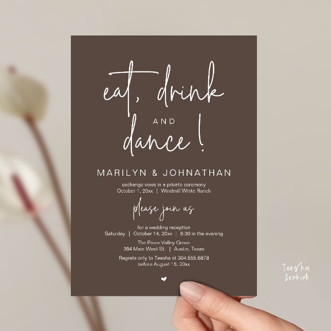 Invitación Eat, Drink and Dance, Modern Wedding Reception (Eat, Drink and Dance, Modern Wedding Reception Dinner Party Invitation Card in dark taupe brown)