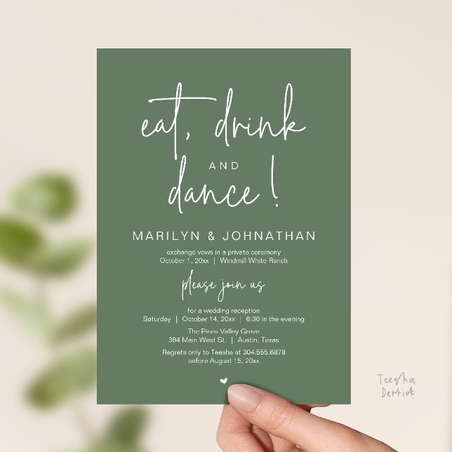 Invitación Eat, Drink and Dance, Modern Wedding Reception (Eat, Drink and Dance, Modern Wedding Reception Dinner Party Invitation Card in sage green)