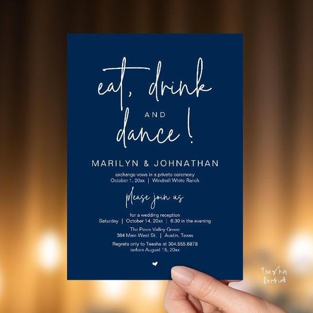Invitación Eat, Drink and Dance, Modern Wedding Reception (Eat, Drink and Dance, Modern Wedding Reception Dinner Party Invitation Card in navy blue)