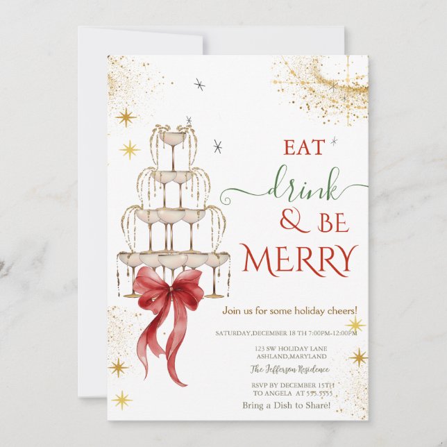 Invitación Eat Drink & Be Merry Champagne Red Bow (Anverso)