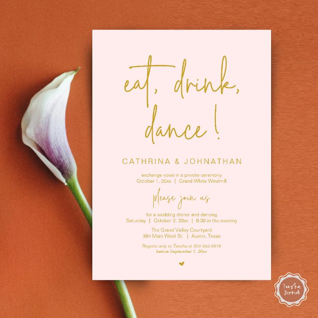Invitación Eat, Drink, Dance, Elegant Gold Blush Elopement (Eat, Drink, Dance Elegant Wedding Elopement Dinner Invitation Card in Blush and Gold)