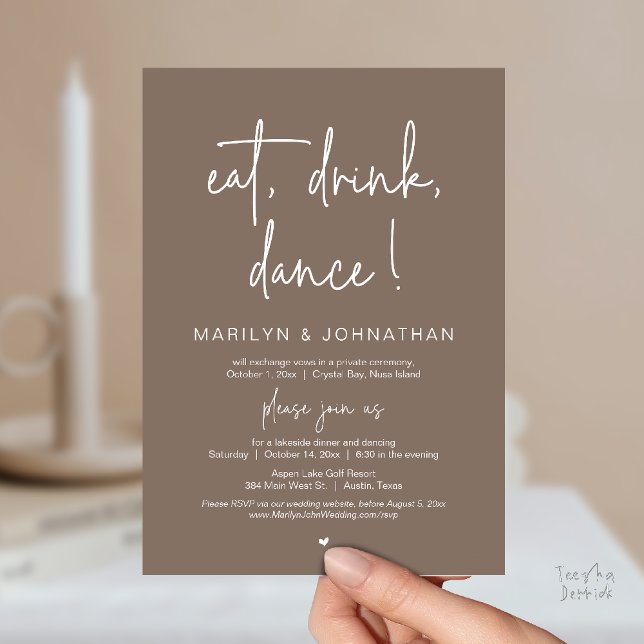 Invitación Eat, Drink, Dance, Wedding Elopement Dinner Party  (Eat, Drink, Dance, Wedding Elopement Dinner Party Invitation Card in Warm Taupe Brown)