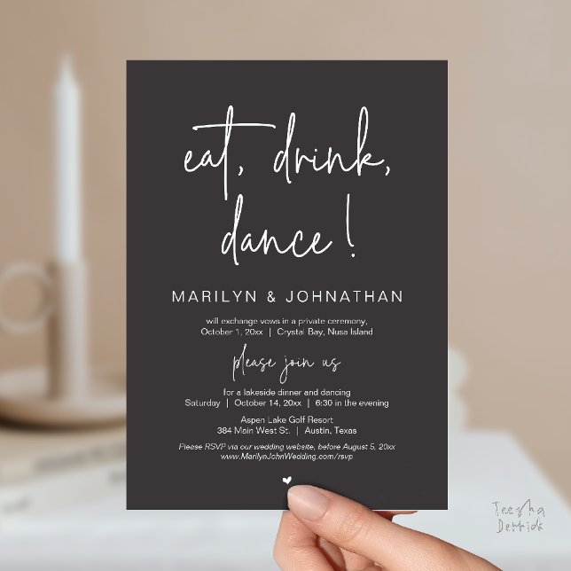 Invitación Eat, Drink, Dance, Wedding Elopement Dinner Party  (Eat, Drink, Dance, Wedding Elopement Dinner Party Invitation Card in Charcoal Grey)