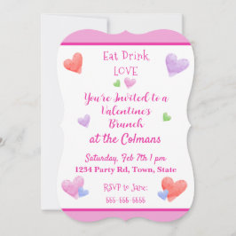 Invitación EAT DRINK LOVE Valentines Watercolor Hearts