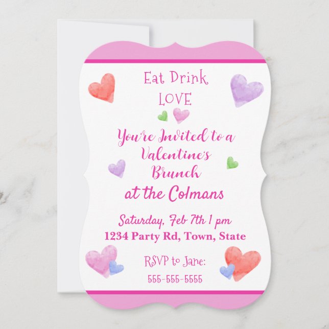 Invitación EAT DRINK LOVE Valentines Watercolor Hearts (Anverso)