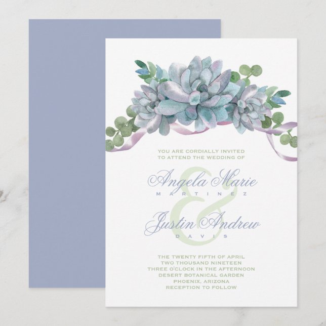 Invitación Echeveria acuarela con cinta morada (Anverso / Reverso)
