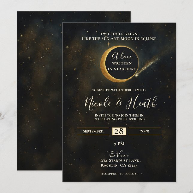 Invitación Eclipse de polvo de estrellas doradas Boda celesti (Anverso / Reverso)