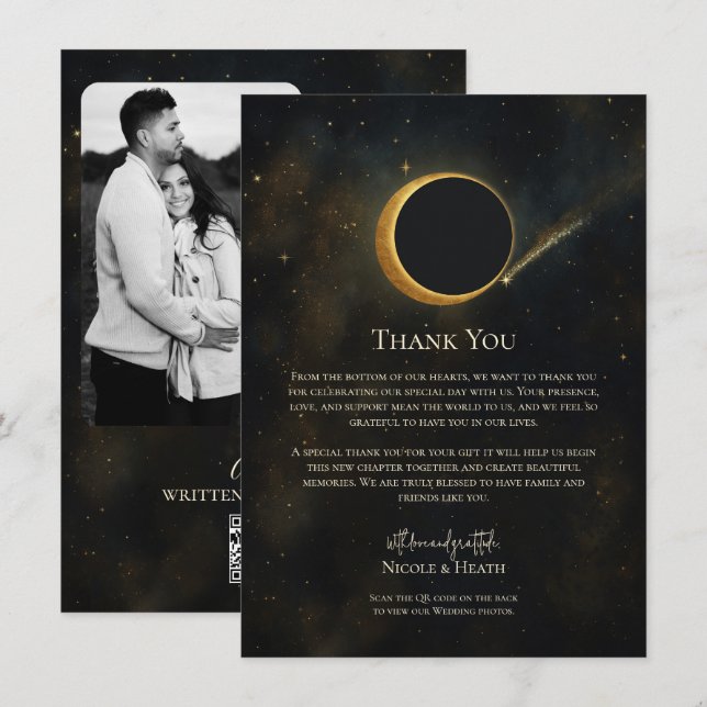 Invitación Eclipse de Polvo de Estrellas Doradas Gracias Cele (Anverso / Reverso)