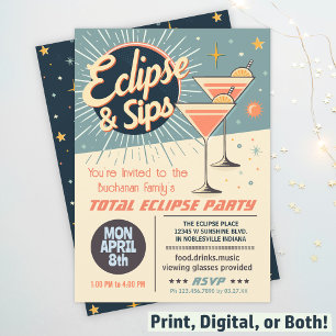 Invitación Eclipse solar y Sips totales 2024 Fiesta Retro Wat