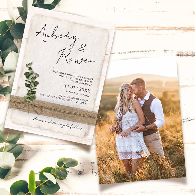 Invitación Eco Eucalyptus de Madera Blanca Rústica Boda fotog (Subido por el creador)