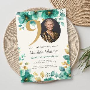 Invitación Ecología verde esmeralda y floral de oro 90 cumple