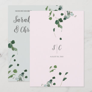 Invitación Ecologías verdes rosadas de Rubor dejan eucalipto