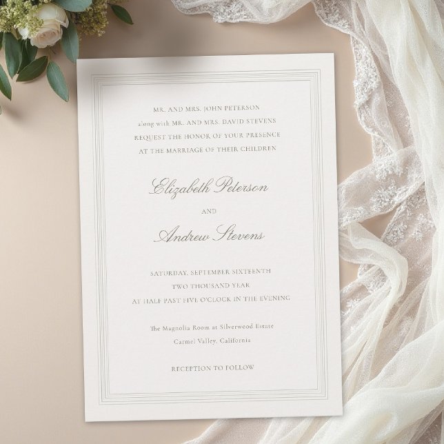 Invitación Ecru Formal Romance Classic Triple Frame 2 Wedding (formal wedding invitation modern classic triple frame faux embossed black tie ballroom ecru subtle)